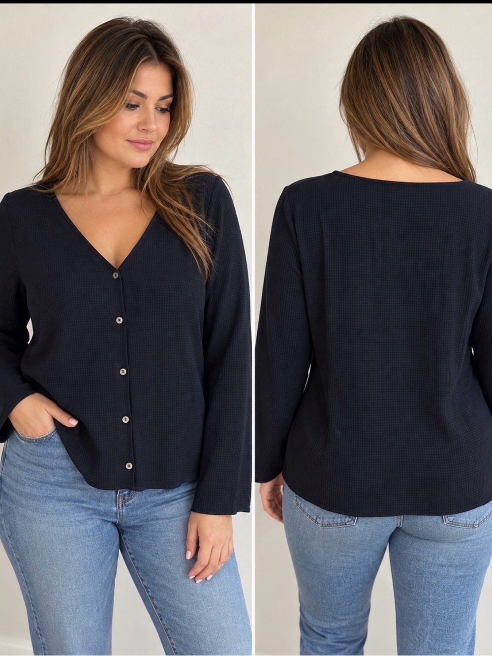 Madewell 16W Black V-Neck Button Front Blouse Long Sleeve